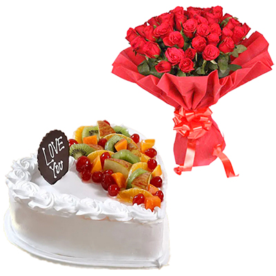 "Heart Shaped Vanilla Fruit Cake - 1kg , 25 Red Roses  bunch - Click here to View more details about this Product